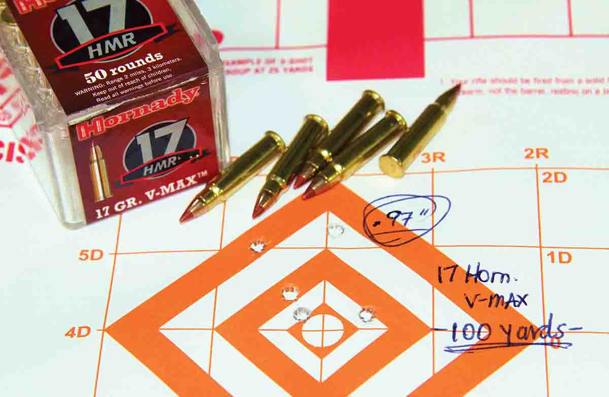 Hornady’s 17-grain V-MAX ammunition assembled the second best group of the test, measuring .97 inch at 100 yards and sent at 2,673 fps.
